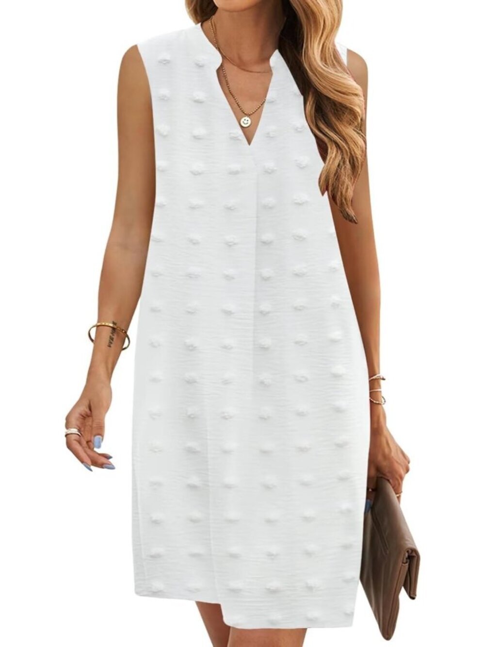 Women's White Dot Summer Sleeveless Casual T Shirt Sundresss Shift Mini Dress